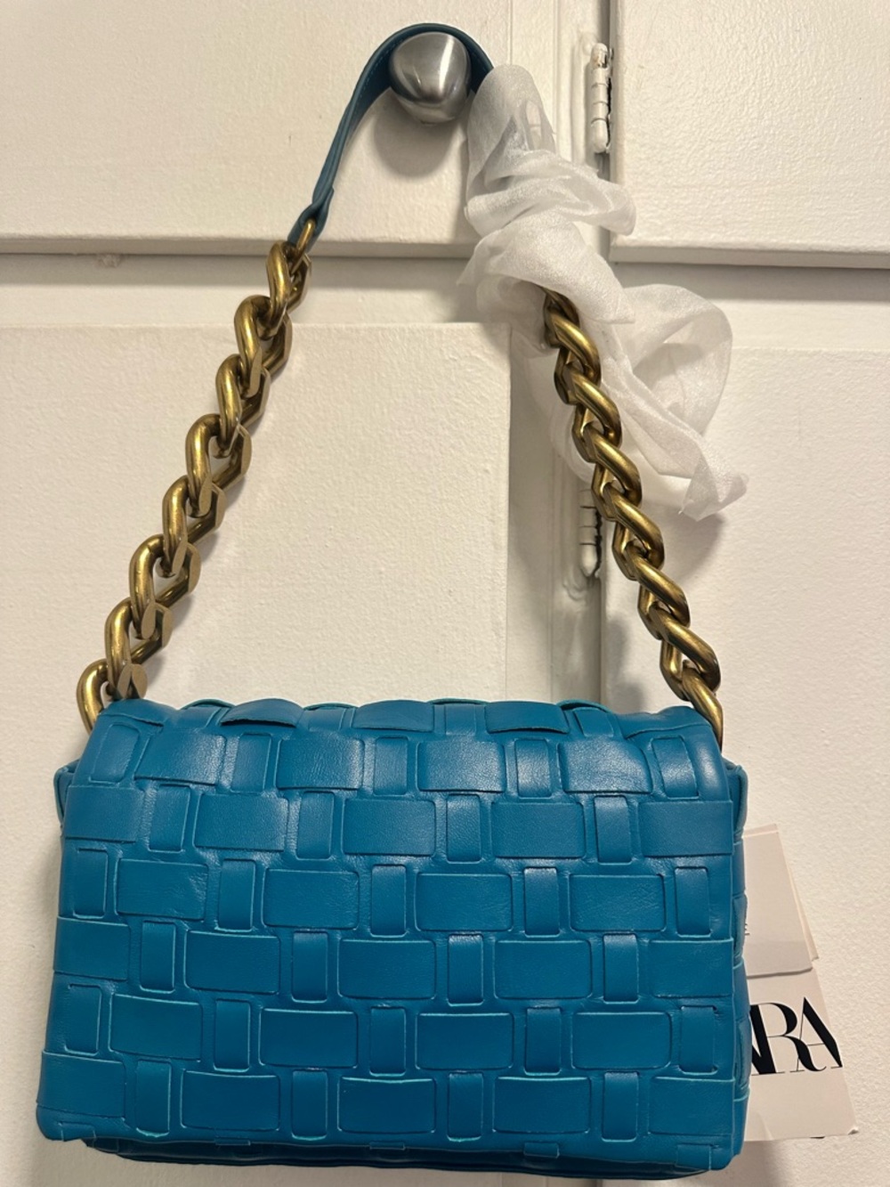 Zara Teal Woven Shoulder Bag with Chunky Gold Chain